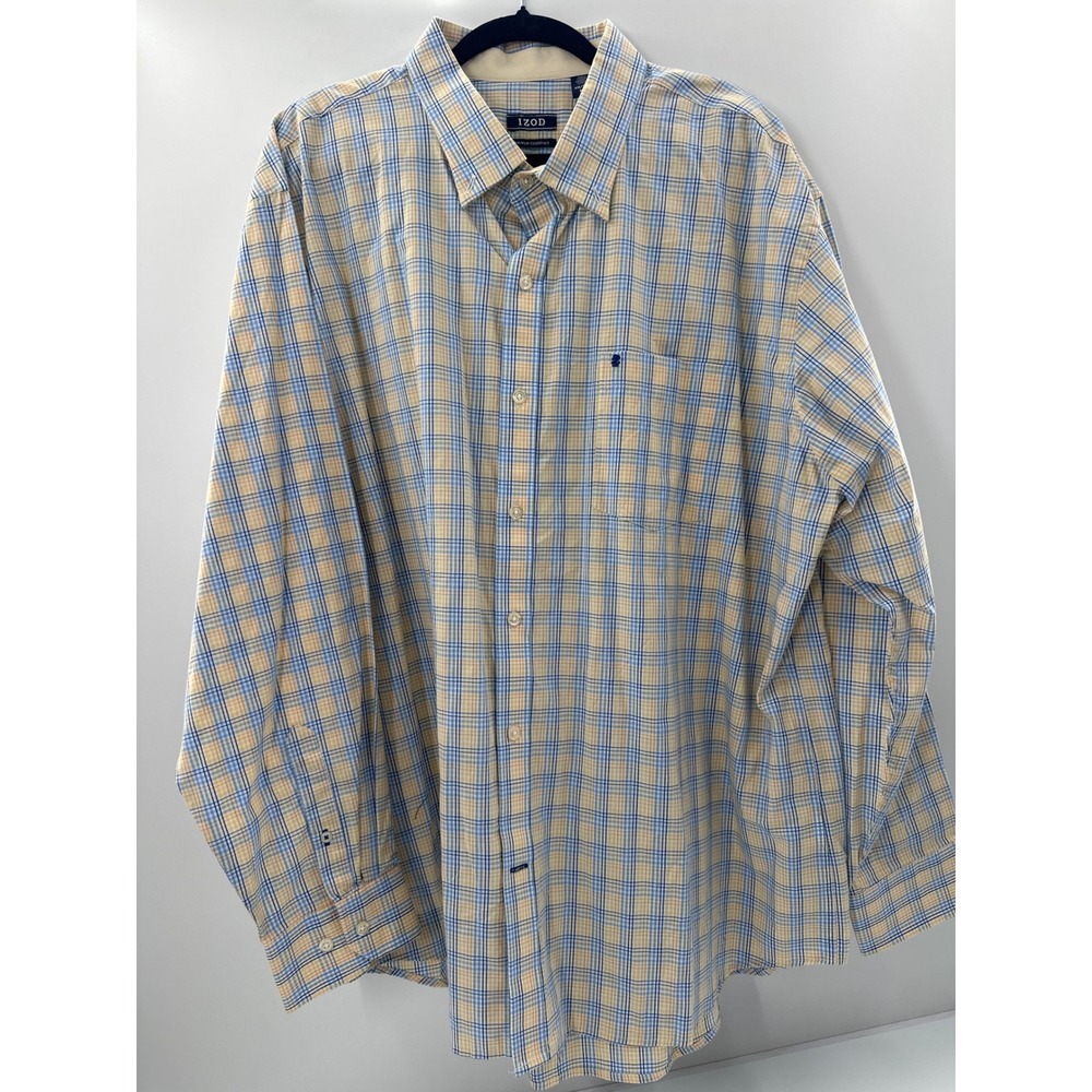 IZOD Mens XXL Premium Essentials Plaid Button Down Shirt Blue Yellow Long Sleeve
